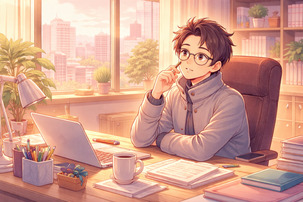 The Happy Coder sitting at his desk.